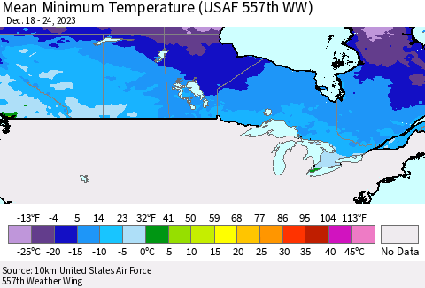 Canada Mean Minimum Temperature (USAF 557th WW) Thematic Map For 12/18/2023 - 12/24/2023