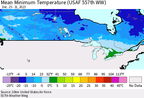 Canada Mean Minimum Temperature (USAF 557th WW) Thematic Map For 12/25/2023 - 12/31/2023