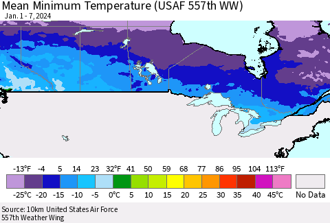 Canada Mean Minimum Temperature (USAF 557th WW) Thematic Map For 1/1/2024 - 1/7/2024