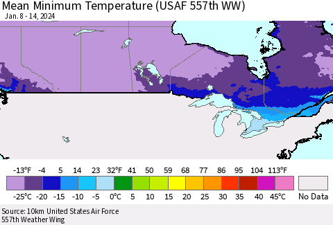 Canada Mean Minimum Temperature (USAF 557th WW) Thematic Map For 1/8/2024 - 1/14/2024
