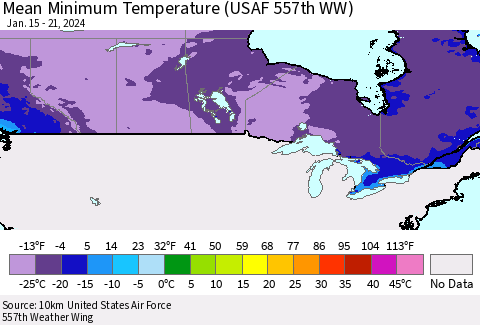 Canada Mean Minimum Temperature (USAF 557th WW) Thematic Map For 1/15/2024 - 1/21/2024