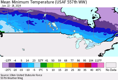 Canada Mean Minimum Temperature (USAF 557th WW) Thematic Map For 1/22/2024 - 1/28/2024