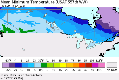 Canada Mean Minimum Temperature (USAF 557th WW) Thematic Map For 1/29/2024 - 2/4/2024