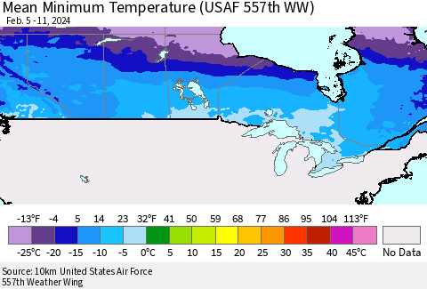 Canada Mean Minimum Temperature (USAF 557th WW) Thematic Map For 2/5/2024 - 2/11/2024