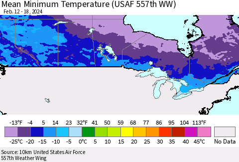 Canada Mean Minimum Temperature (USAF 557th WW) Thematic Map For 2/12/2024 - 2/18/2024