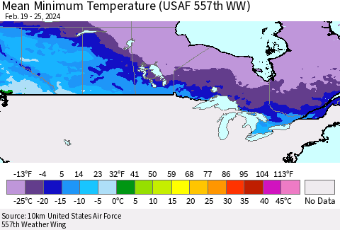 Canada Mean Minimum Temperature (USAF 557th WW) Thematic Map For 2/19/2024 - 2/25/2024