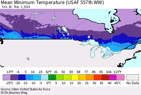 Canada Mean Minimum Temperature (USAF 557th WW) Thematic Map For 2/26/2024 - 3/3/2024
