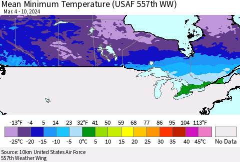 Canada Mean Minimum Temperature (USAF 557th WW) Thematic Map For 3/4/2024 - 3/10/2024