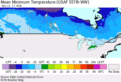 Canada Mean Minimum Temperature (USAF 557th WW) Thematic Map For 3/11/2024 - 3/17/2024