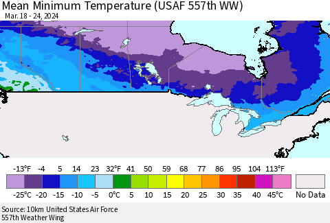 Canada Mean Minimum Temperature (USAF 557th WW) Thematic Map For 3/18/2024 - 3/24/2024