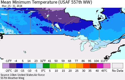 Canada Mean Minimum Temperature (USAF 557th WW) Thematic Map For 3/25/2024 - 3/31/2024