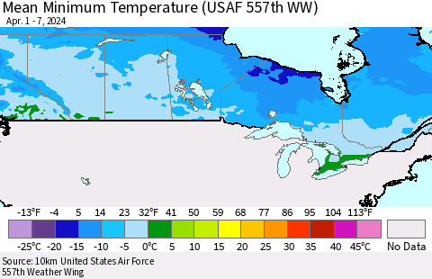 Canada Mean Minimum Temperature (USAF 557th WW) Thematic Map For 4/1/2024 - 4/7/2024
