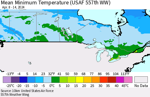 Canada Mean Minimum Temperature (USAF 557th WW) Thematic Map For 4/8/2024 - 4/14/2024
