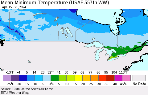 Canada Mean Minimum Temperature (USAF 557th WW) Thematic Map For 4/15/2024 - 4/21/2024