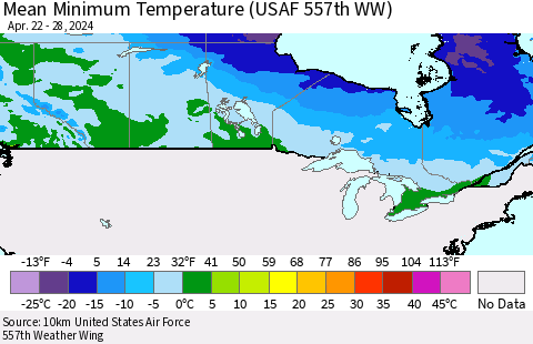Canada Mean Minimum Temperature (USAF 557th WW) Thematic Map For 4/22/2024 - 4/28/2024