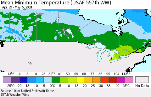 Canada Mean Minimum Temperature (USAF 557th WW) Thematic Map For 4/29/2024 - 5/5/2024