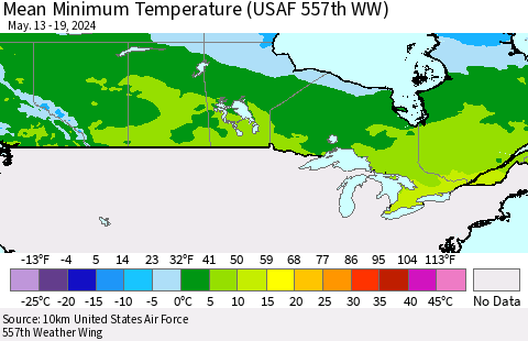 Canada Mean Minimum Temperature (USAF 557th WW) Thematic Map For 5/13/2024 - 5/19/2024
