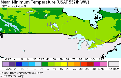 Canada Mean Minimum Temperature (USAF 557th WW) Thematic Map For 5/27/2024 - 6/2/2024