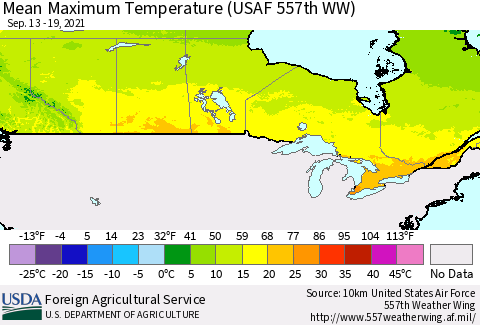 Canada Mean Maximum Temperature (USAF 557th WW) Thematic Map For 9/13/2021 - 9/19/2021