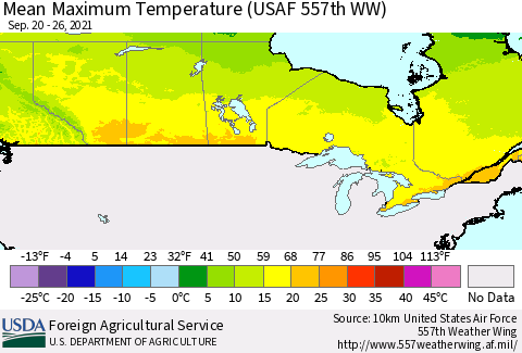 Canada Mean Maximum Temperature (USAF 557th WW) Thematic Map For 9/20/2021 - 9/26/2021