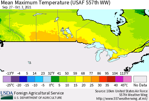 Canada Mean Maximum Temperature (USAF 557th WW) Thematic Map For 9/27/2021 - 10/3/2021