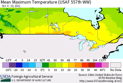Canada Mean Maximum Temperature (USAF 557th WW) Thematic Map For 10/4/2021 - 10/10/2021
