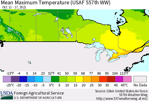 Canada Mean Maximum Temperature (USAF 557th WW) Thematic Map For 10/11/2021 - 10/17/2021