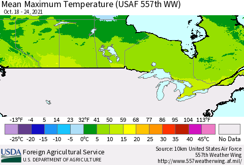 Canada Mean Maximum Temperature (USAF 557th WW) Thematic Map For 10/18/2021 - 10/24/2021