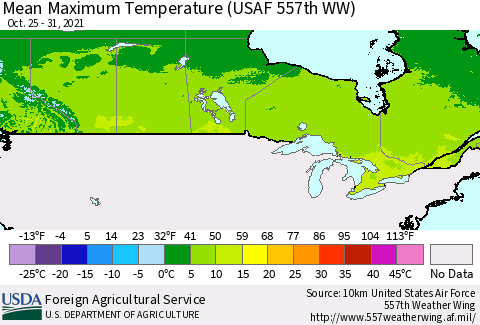Canada Mean Maximum Temperature (USAF 557th WW) Thematic Map For 10/25/2021 - 10/31/2021