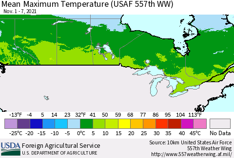 Canada Mean Maximum Temperature (USAF 557th WW) Thematic Map For 11/1/2021 - 11/7/2021