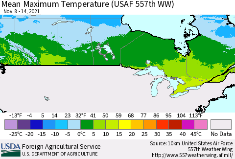 Canada Mean Maximum Temperature (USAF 557th WW) Thematic Map For 11/8/2021 - 11/14/2021