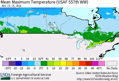 Canada Mean Maximum Temperature (USAF 557th WW) Thematic Map For 11/15/2021 - 11/21/2021
