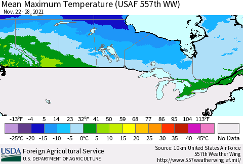 Canada Mean Maximum Temperature (USAF 557th WW) Thematic Map For 11/22/2021 - 11/28/2021