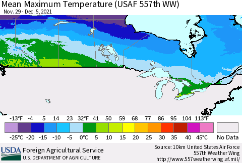Canada Mean Maximum Temperature (USAF 557th WW) Thematic Map For 11/29/2021 - 12/5/2021