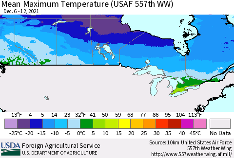 Canada Mean Maximum Temperature (USAF 557th WW) Thematic Map For 12/6/2021 - 12/12/2021