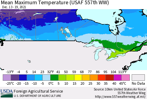 Canada Mean Maximum Temperature (USAF 557th WW) Thematic Map For 12/13/2021 - 12/19/2021