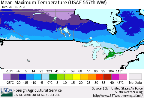 Canada Mean Maximum Temperature (USAF 557th WW) Thematic Map For 12/20/2021 - 12/26/2021