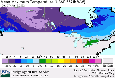 Canada Mean Maximum Temperature (USAF 557th WW) Thematic Map For 12/27/2021 - 1/2/2022