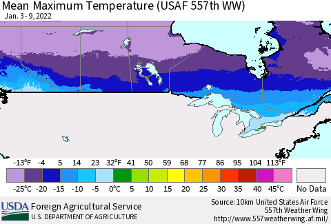 Canada Mean Maximum Temperature (USAF 557th WW) Thematic Map For 1/3/2022 - 1/9/2022