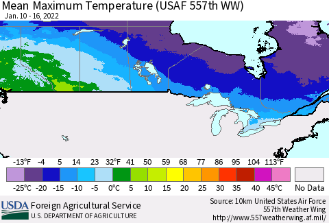 Canada Mean Maximum Temperature (USAF 557th WW) Thematic Map For 1/10/2022 - 1/16/2022