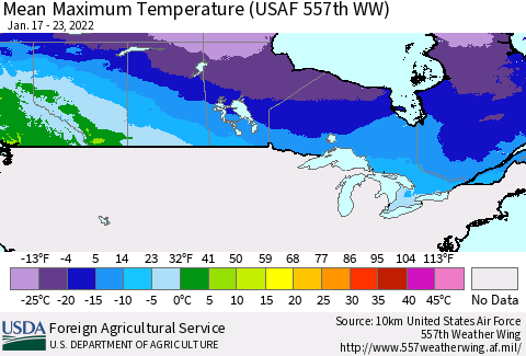 Canada Mean Maximum Temperature (USAF 557th WW) Thematic Map For 1/17/2022 - 1/23/2022