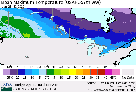 Canada Mean Maximum Temperature (USAF 557th WW) Thematic Map For 1/24/2022 - 1/30/2022
