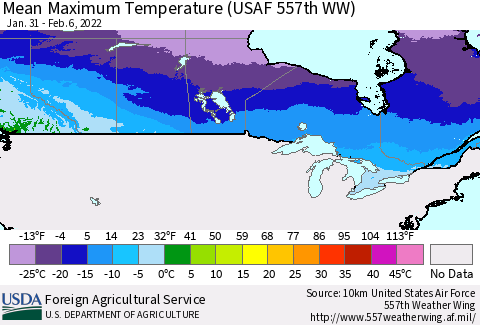 Canada Mean Maximum Temperature (USAF 557th WW) Thematic Map For 1/31/2022 - 2/6/2022