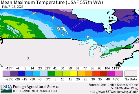 Canada Mean Maximum Temperature (USAF 557th WW) Thematic Map For 2/7/2022 - 2/13/2022