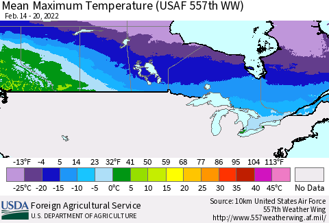 Canada Mean Maximum Temperature (USAF 557th WW) Thematic Map For 2/14/2022 - 2/20/2022