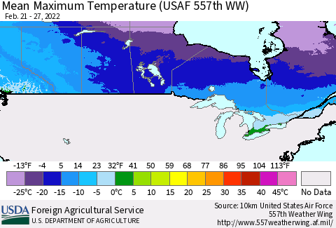 Canada Mean Maximum Temperature (USAF 557th WW) Thematic Map For 2/21/2022 - 2/27/2022