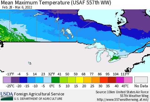 Canada Mean Maximum Temperature (USAF 557th WW) Thematic Map For 2/28/2022 - 3/6/2022
