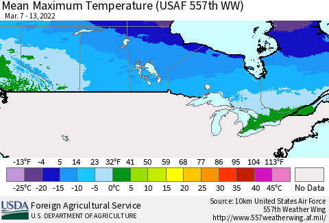 Canada Mean Maximum Temperature (USAF 557th WW) Thematic Map For 3/7/2022 - 3/13/2022