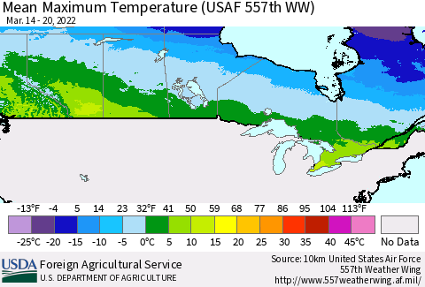 Canada Mean Maximum Temperature (USAF 557th WW) Thematic Map For 3/14/2022 - 3/20/2022