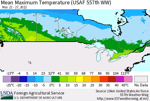 Canada Mean Maximum Temperature (USAF 557th WW) Thematic Map For 3/21/2022 - 3/27/2022